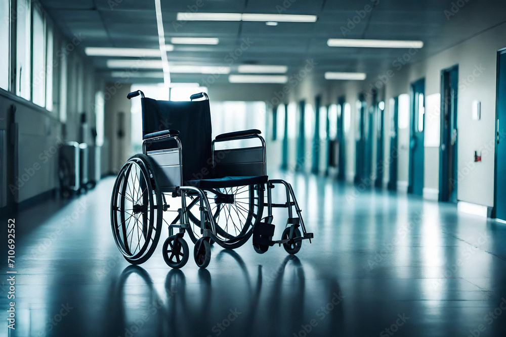 empty wheelchair in a hospice corridor