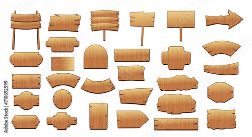 Wooden banners. Rustic signboards and direction boards wooden blank ribbons vector design collection