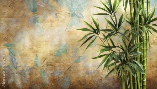 tropical plants with bamboo leaves on a textured rubbed background by kayami photo wallpaper in the interior © Robert