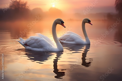 A pair of graceful swans gliding across a serene  reflective lake at sunrise.