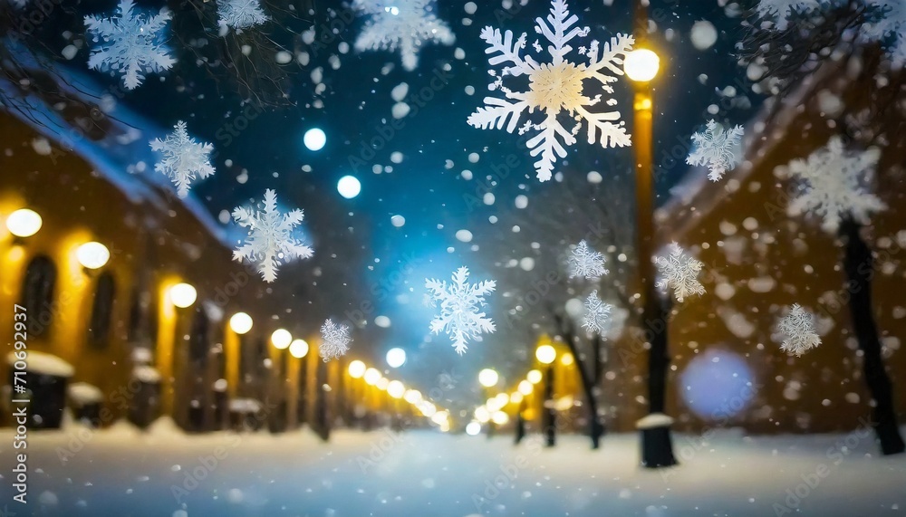snowflakes decorated on blurred background with night street light