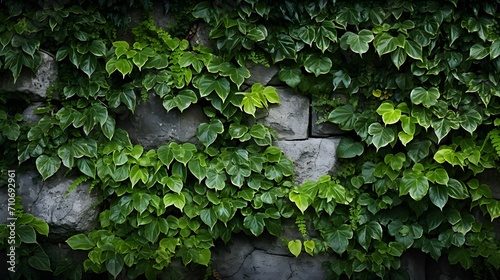 Green eco wall concept. Green ornamental plant on stone wall background. Sustainable building. Close to nature. Exterior architecture for decorative garden. Eco-friendly building. Clean environment. 