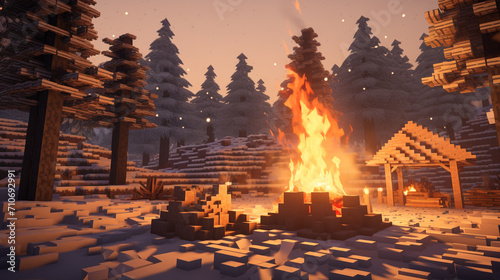 Minecraft Forest minecraft camp bonfire noon snow logs photo