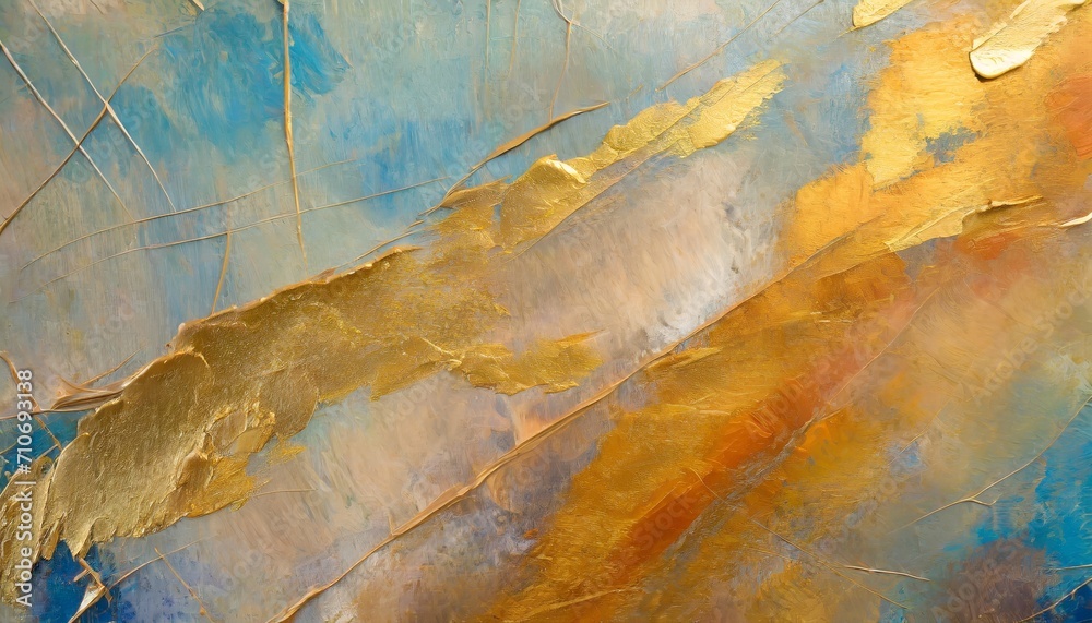 abstract background closeup kintsugi gold cracks on a painting with brushstrokes rough art paint smear large multicolor spots of brush strokes and palette knife on the canvas with foil lines