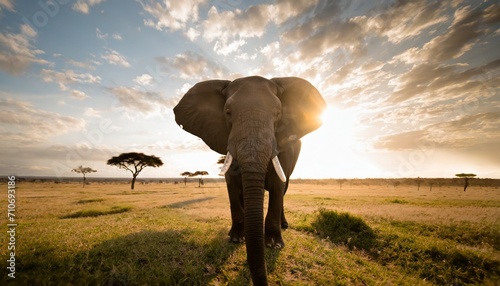 the close up photo of the majestic african elephant under the sunset sky at the savannah field 