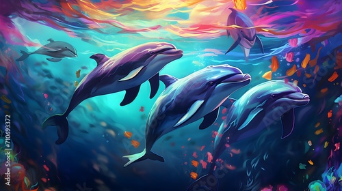 group of dolphins in colorful underwater  AI generative.group of dolphins in colorful underwater