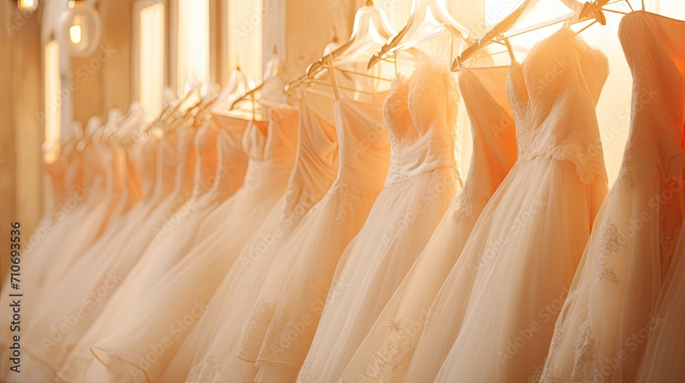  luxury dresses in a bridal boutique. Generative AI	