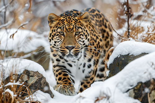 An Amur leopard crouched among snow-covered rocks.