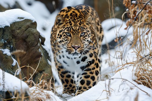 An Amur leopard crouched among snow-covered rocks.