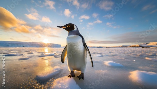 cute little penguin on a frozen lake at sunrise beautiful polar wildlife north pole closeup 