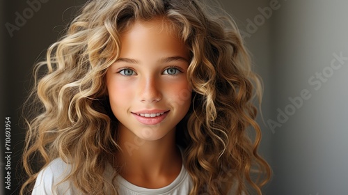 portrait of happy young Caucasian blonde hair little girl on gray background.