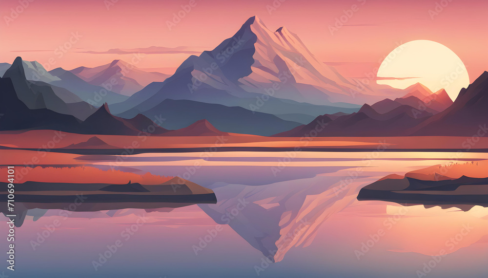 Captivating Mountain Sunset: A Breathtaking Illustration of a Serene Landscape