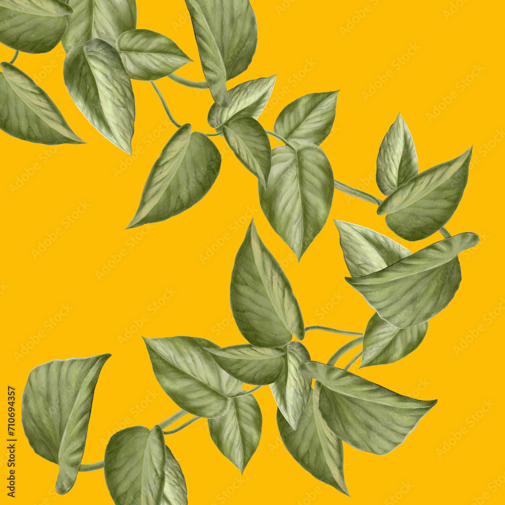 Obraz premium Watercolor seamless pattern on a mustard colored background. Scindapsus Aureus leaves. For prints, cards, invitations, booklets, notepads, fabric wrapping paper, background. Eco-friendly theme.