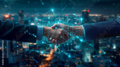 Corporate Networking Concept - Futuristic Handshake with Digital Connections over a Night Cityscape