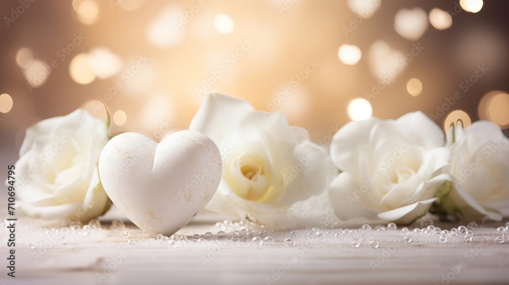 Romantic White Heart and Roses on Bokeh Background