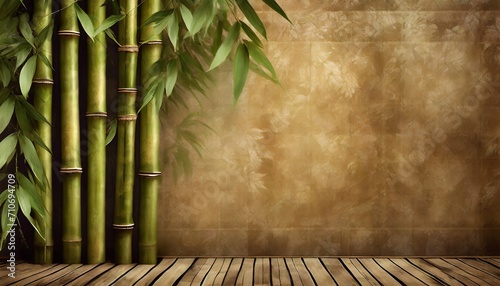 texture shabby background which depicts bamboo cane and leaves photo wallpaper in the interior © Robert