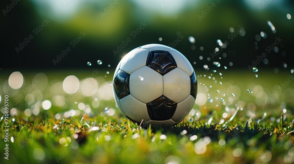 Fototapeta premium Soccer Player Runs to Kick the Ball. Ball on the Grass Field of Arena. Created with Generative AI