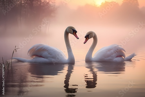 A pair of serene swans gliding gracefully across a mist-covered lake at dawn.