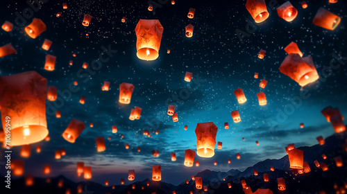 Night sky filled with flying paper lanterns scenery - ai generative