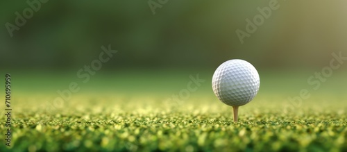 Close up photo of a golf ball on tee with blurred green bokeh background. Image of a golf ball on a tee with a natural green