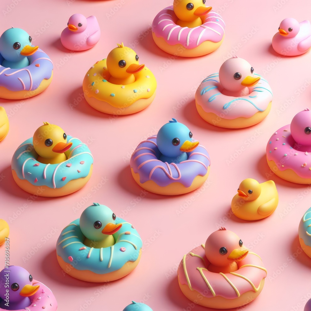 Colorful delicious donuts shaped like rubber ducks on a pastel pink background. Tasty dessert food concept in minimalism style. Wide screen wallpaper. Panoramic web banner with copy space for design. Colorful delicious donuts shaped like rubber ducks on a pastel pink background. Tasty dessert food concept in minimalism style. Wide screen wallpaper. Panoramic web banner with copy space for design.