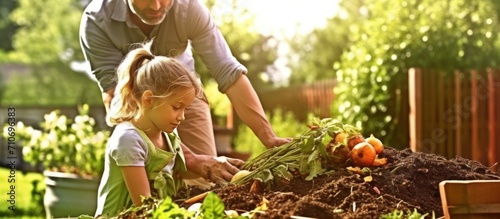 Family planting vegetable from backyard garden photo