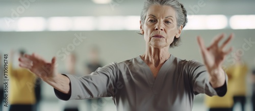 Medium shot of brunette senior Caucasian lady concentrating on qigong exercise and moving her hands,