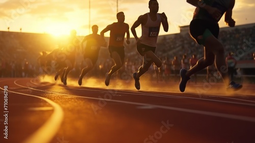 men sprinters run on track stadium in athletics competition. Female athletes running photo