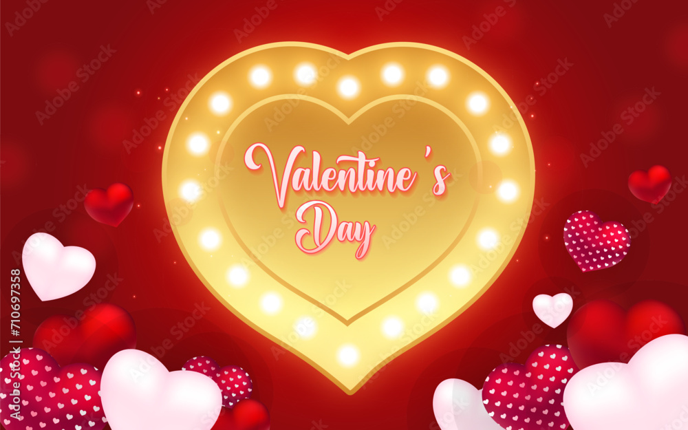 Glowing Heartscape Valentine's Card Featuring a Heart-Shaped Light on Red Background. Pink Lights Illuminate in a Circular Pattern. 'Valentine's Day' in White, Surrounded by Gentle Sparkles