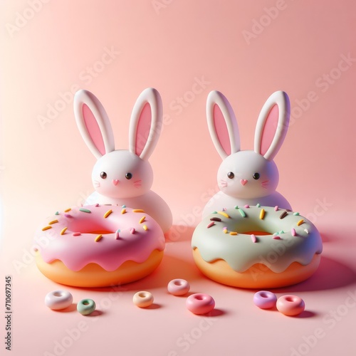 Colorful delicious donuts and bunnies on a pastel pink background. Tasty dessert food concept in minimalism style. Wide screen wallpaper. Panoramic web banner with copy space for design.