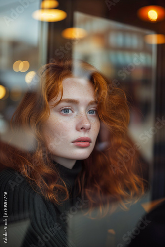 Beautiful red-haired girl behind the window of a cafe © Giordano Aita