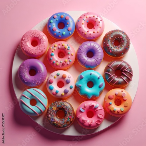 Colorful delicious donuts on a pastel pink background. Tasty dessert food for coffee break concept in minimalism style. Wide screen wallpaper. Panoramic web banner with copy space for design.