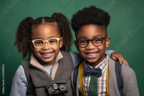 Black little girl and boy, wearing glasses, in classic school uniform