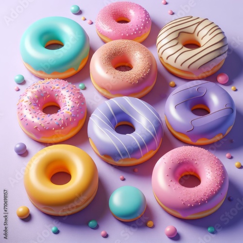 Colorful delicious donuts on a pastel purple background. Tasty dessert food for coffee break concept in minimalism style. Wide screen wallpaper. Panoramic web banner with copy space for design.