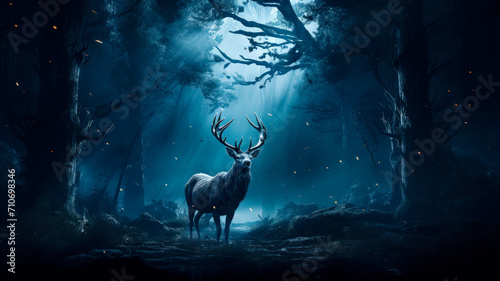 Beautiful stag with great antlers in mystical forest