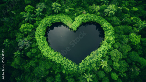 Heart-shaped lake in green forest