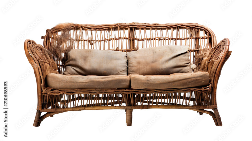 front view of a torn, tattered, and old rattan sofa isolated on a white transparent background front view of a torn, tattered, and old rattan sofa isolated on a white transparent background