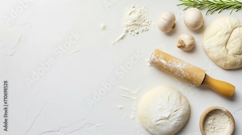 Baking Preparation with Fresh Dough and Tools on White Surface. Generative ai photo