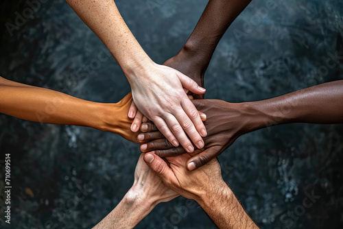 Closeup of diverse people joining their hands.