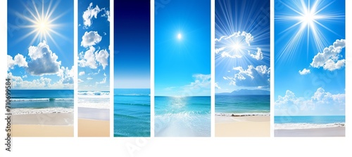 Bright and serene collage of beach scenes with white vertical lines dividing the segments