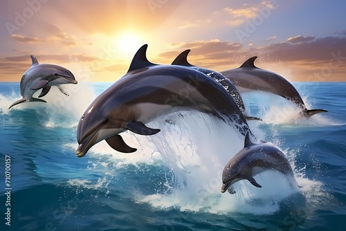 A pod of dolphins leaping gracefully through crystal-clear waters, creating sparkling splashes.