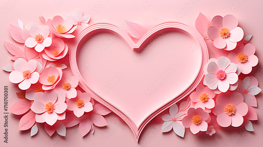 Pastel pink heart frame and flowers in paper cut art style with copy space in the middle for text. Banner format. Design for Valentine's and Mother's day . 