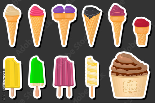 Illustration on theme big kit ice cream popsicle different types in cone waffle cup