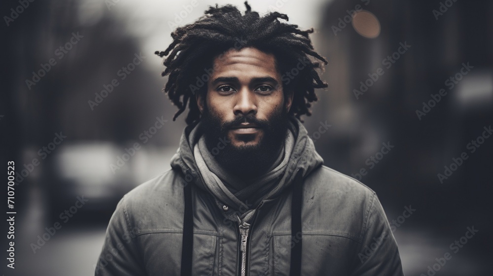 Gloomy urban african-american dreadlocks man headshot portrait image