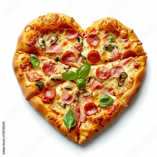 Heart-Shaped Pizza with Toppings Isolated on White Background. Generative ai
