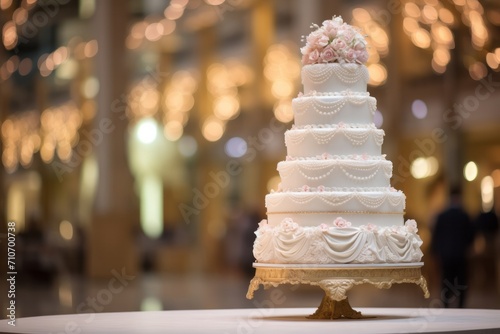 A wedding cake decorated with a bouquet of flowers against the backdrop of the blurry lights of a shopping center. Concept for celebrating birthday, anniversary, wedding. Еmpty space for text.