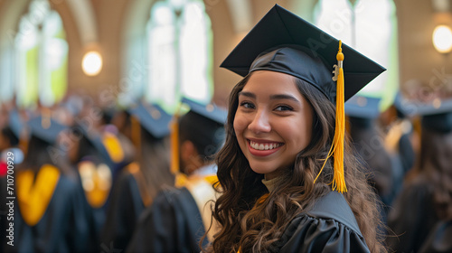 young woman at a graduation ceremony, smiling wearing a graduation cap and gown accomplishment blurred background