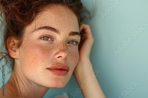 European woman with distinct freckles and melasma,woman's face showing, isolated a plain blue colored background. photo