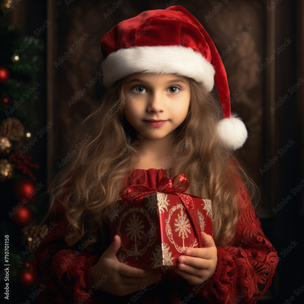 A little girl in a Santa Claus hat against the background of a Christmas tree with a Christmas gift in her hands. New Year card. AI generated