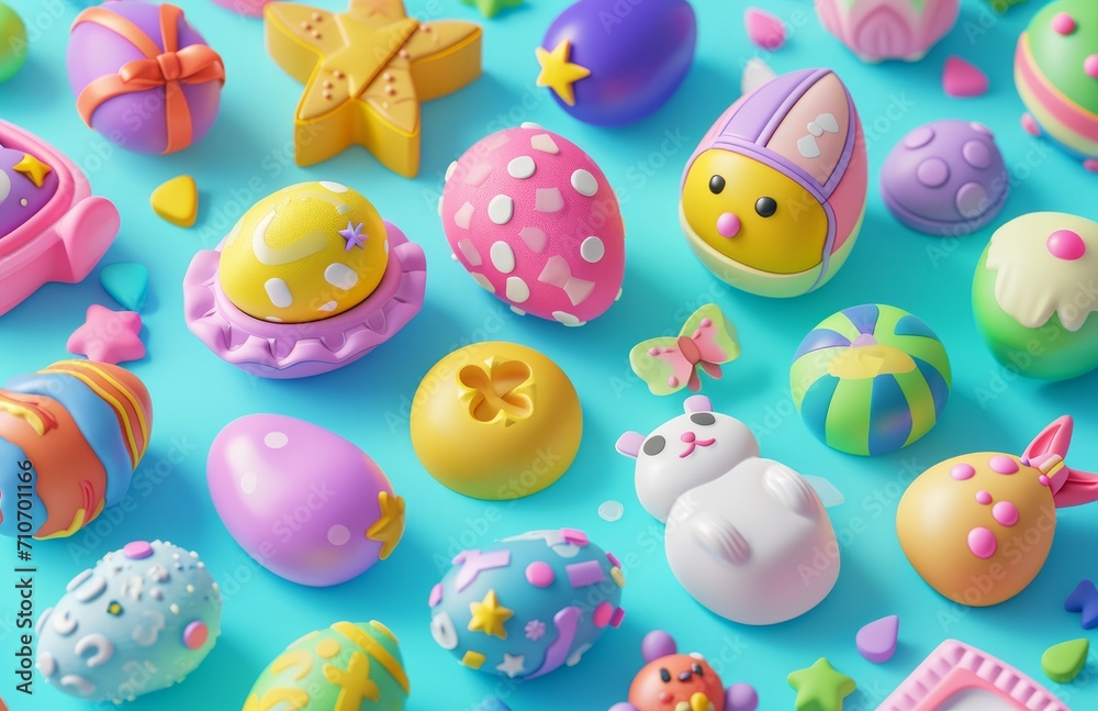 Set of 3D render Easter plastic eggs. Easter decorations